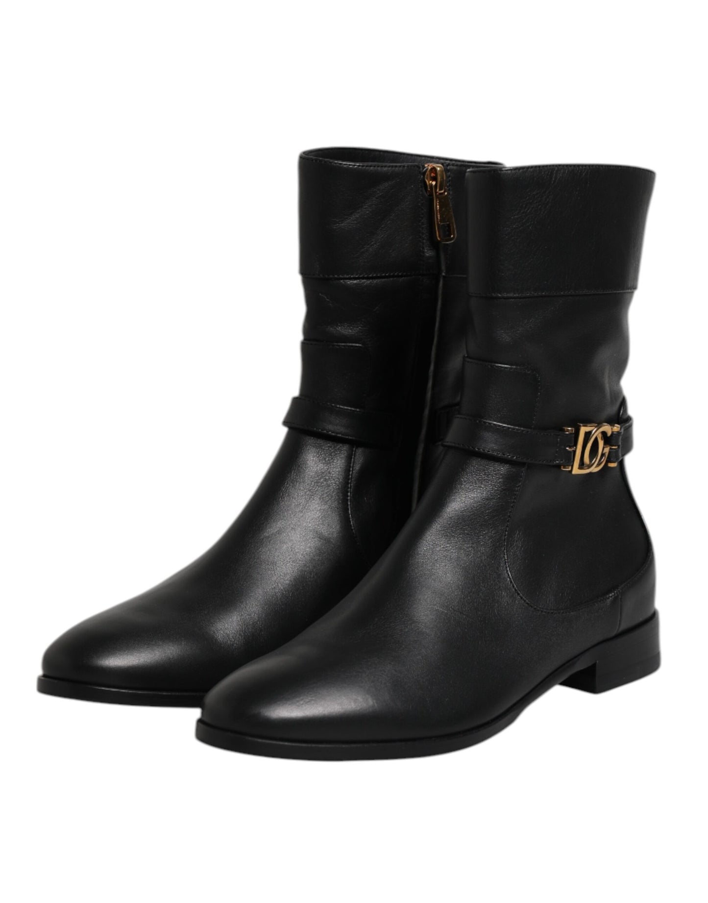 Dolce & Gabbana Black Leather Flats Logo Short Boots Shoes