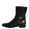 Dolce & Gabbana Black Leather Flats Logo Short Boots Shoes