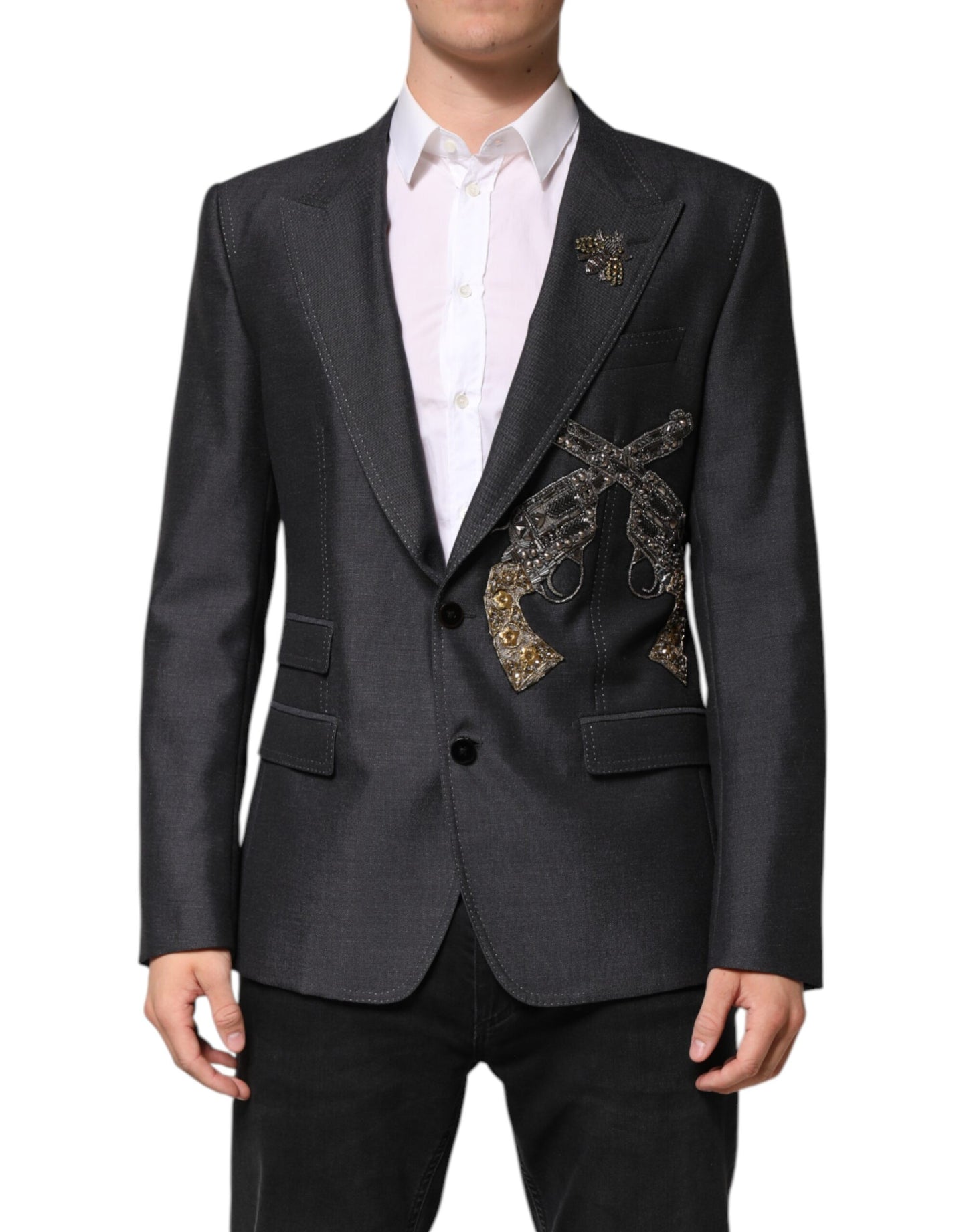 Dolce & Gabbana Dark Gray Bee Embroidery SICILIA Coat Blazer