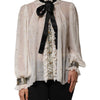 Dolce & Gabbana White Black Silk Long Sleeve Ascot Collar Top