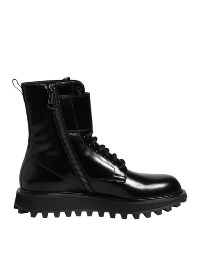Dolce & Gabbana Black Leather Lace Up Mid Calf Boots Shoes