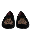 Dolce & Gabbana Black Velvet Gold Crown Mens Loafers Shoes