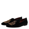 Dolce & Gabbana Black Velvet Gold Crown Mens Loafers Shoes