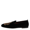 Dolce & Gabbana Black Velvet Gold Crown Mens Loafers Shoes