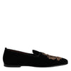 Dolce & Gabbana Black Velvet Gold Crown Mens Loafers Shoes