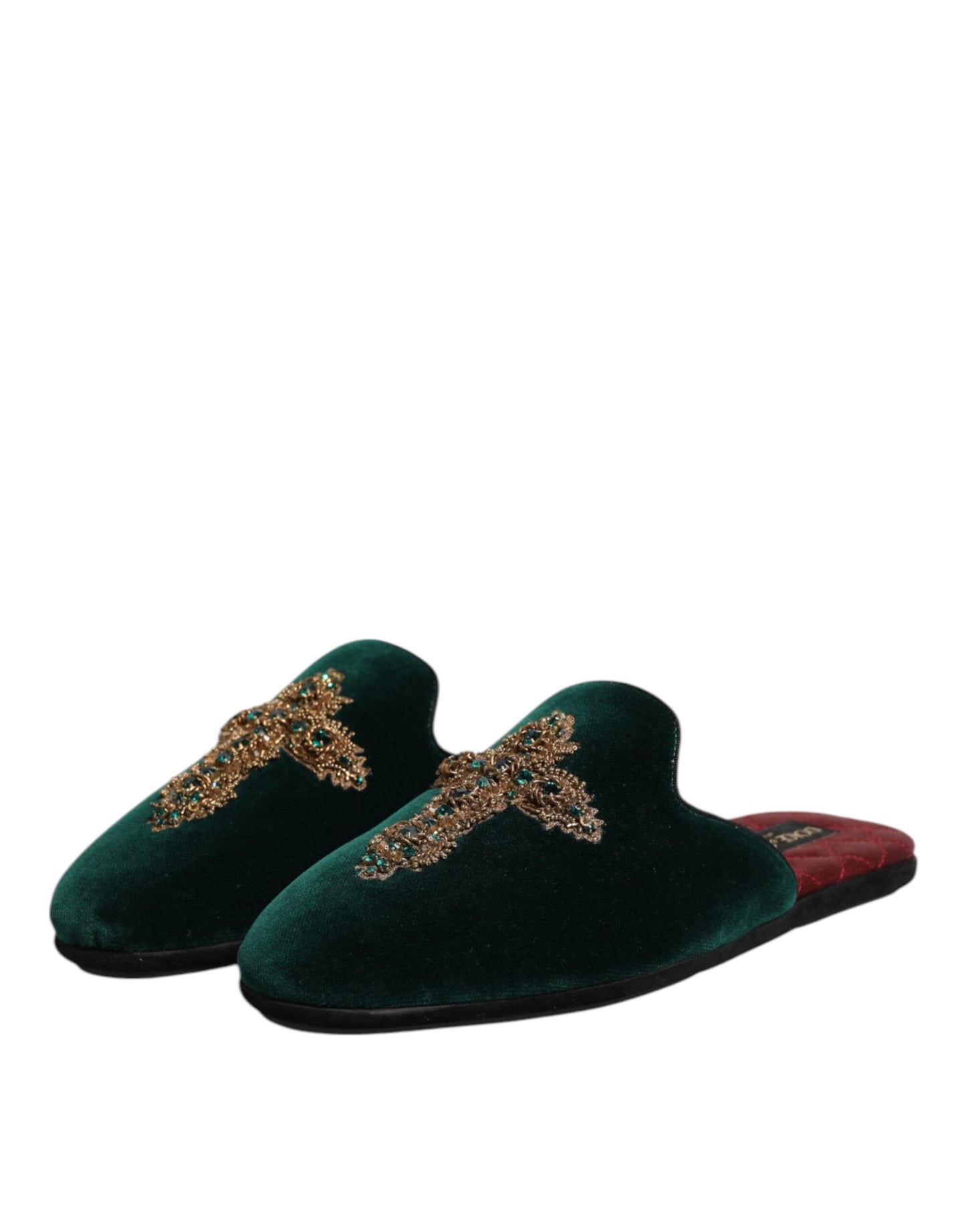Dolce & Gabbana Green Velvet Cross Embellished Slippers Shoes