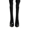 Dolce & Gabbana Black Leather Ribbed Knit Knee Boots Shoes
