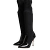 Dolce & Gabbana Black Leather Ribbed Knit Knee Boots Shoes