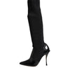 Dolce & Gabbana Black Leather Ribbed Knit Knee Boots Shoes