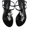 Dolce & Gabbana Black Leather Crystal Ankle Strap Sandals Shoes