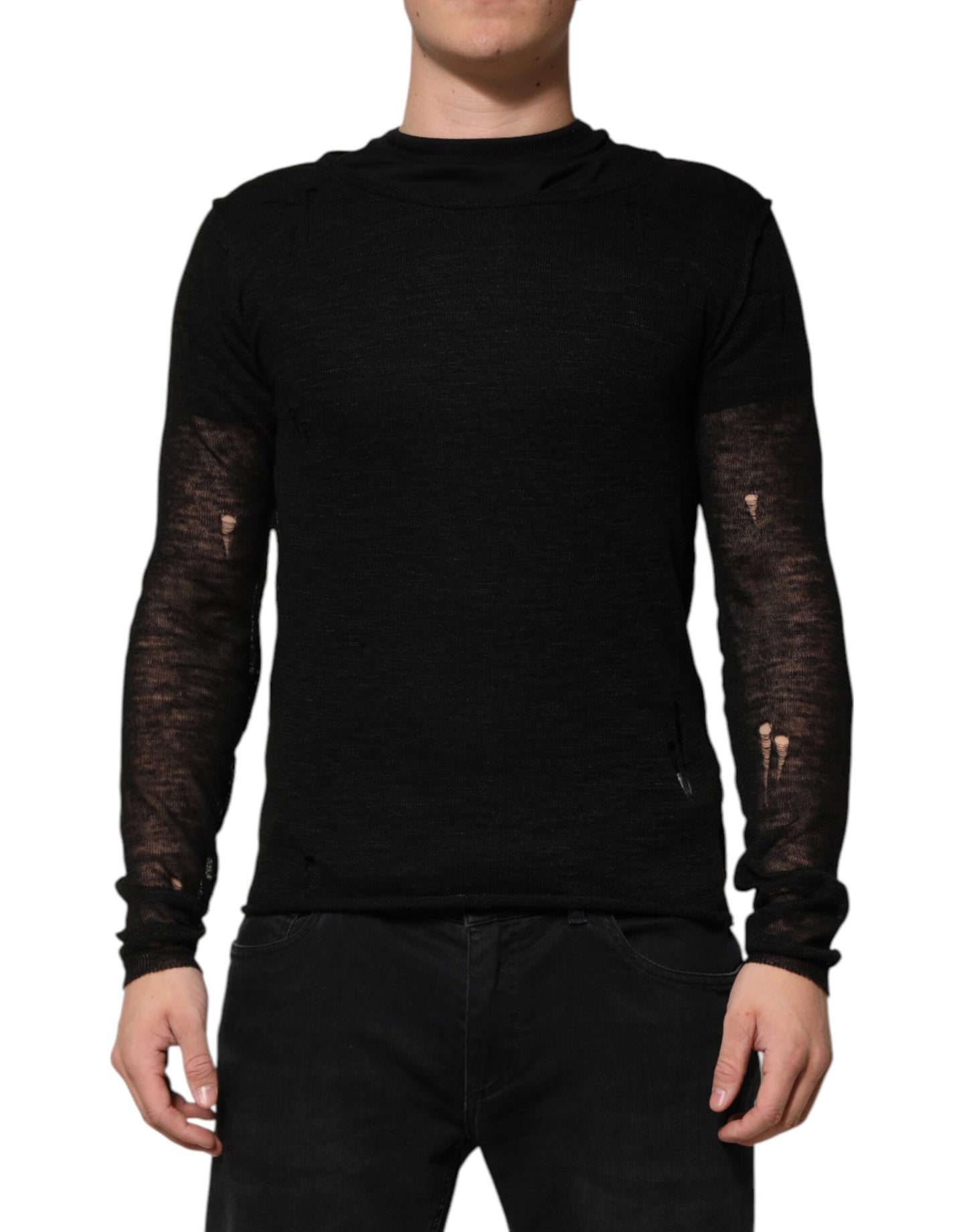 Dolce &amp; Gabbana Schwarzes Leinen-Mesh-Langarmshirt mit Used-Look