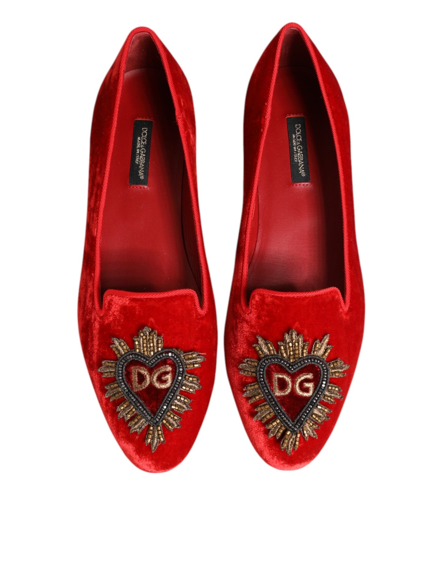 Dolce & Gabbana Red Velvet DG Heart Loafers Flat Shoes