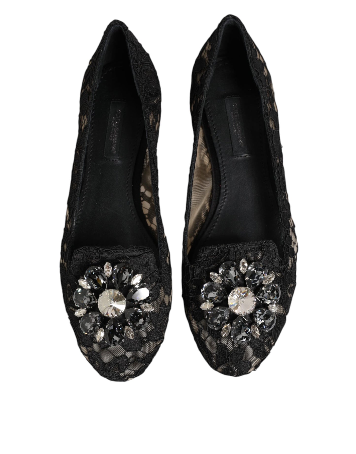 Dolce & Gabbana Black Taormina Lace Crystals Flats Shoes