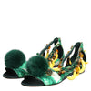 Dolce & Gabbana Green Mink Fur Satin Banana Leaf Sandals Shoes