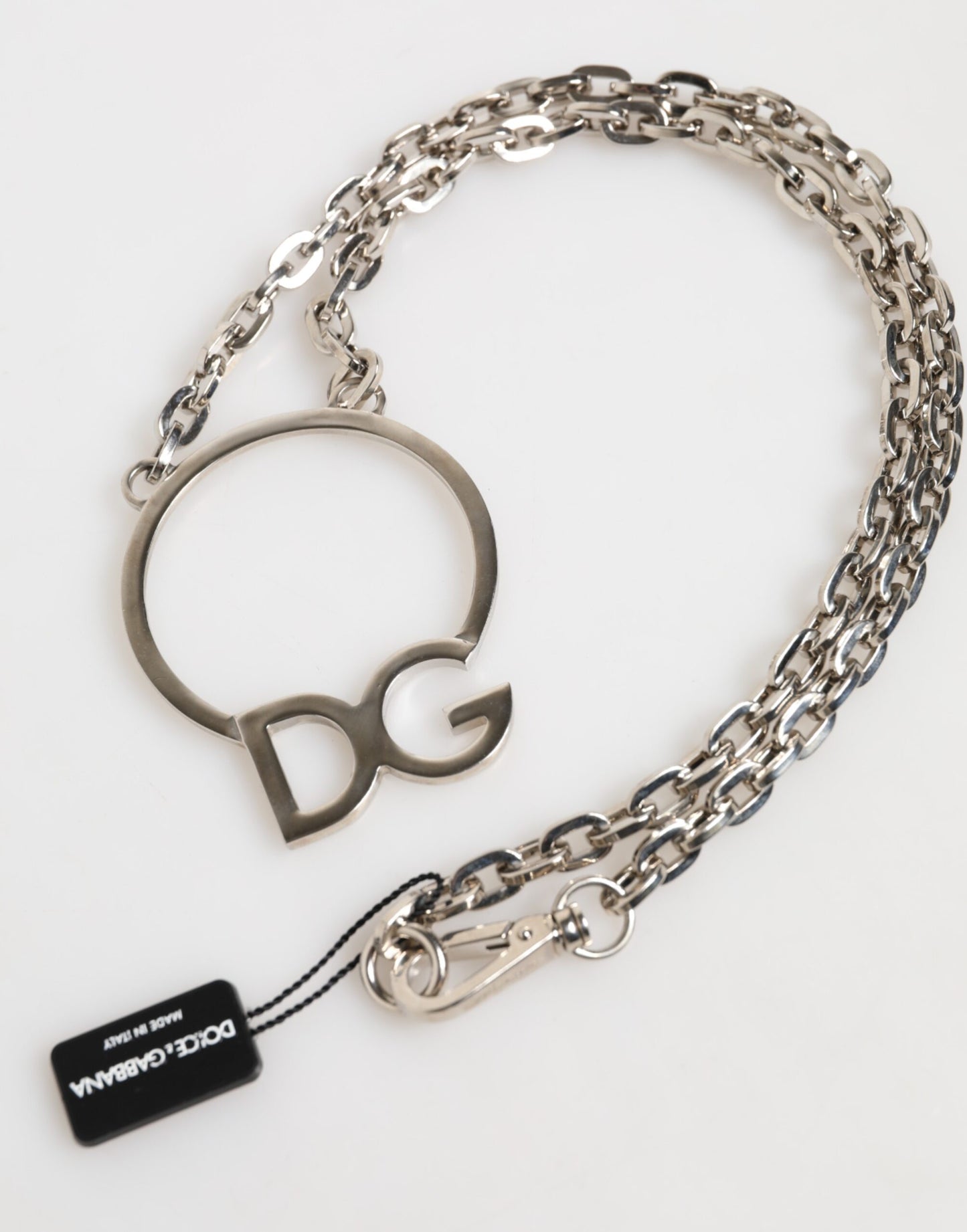 Dolce & Gabbana Silver Tone Brass Chain DG Logo Pendant Men Necklace