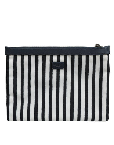 Dolce & Gabbana Black White Striped Logo Plaque Clutch Pouch Bag