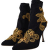 Dolce & Gabbana Black Gold Embroidery Crystal Boots Shoes