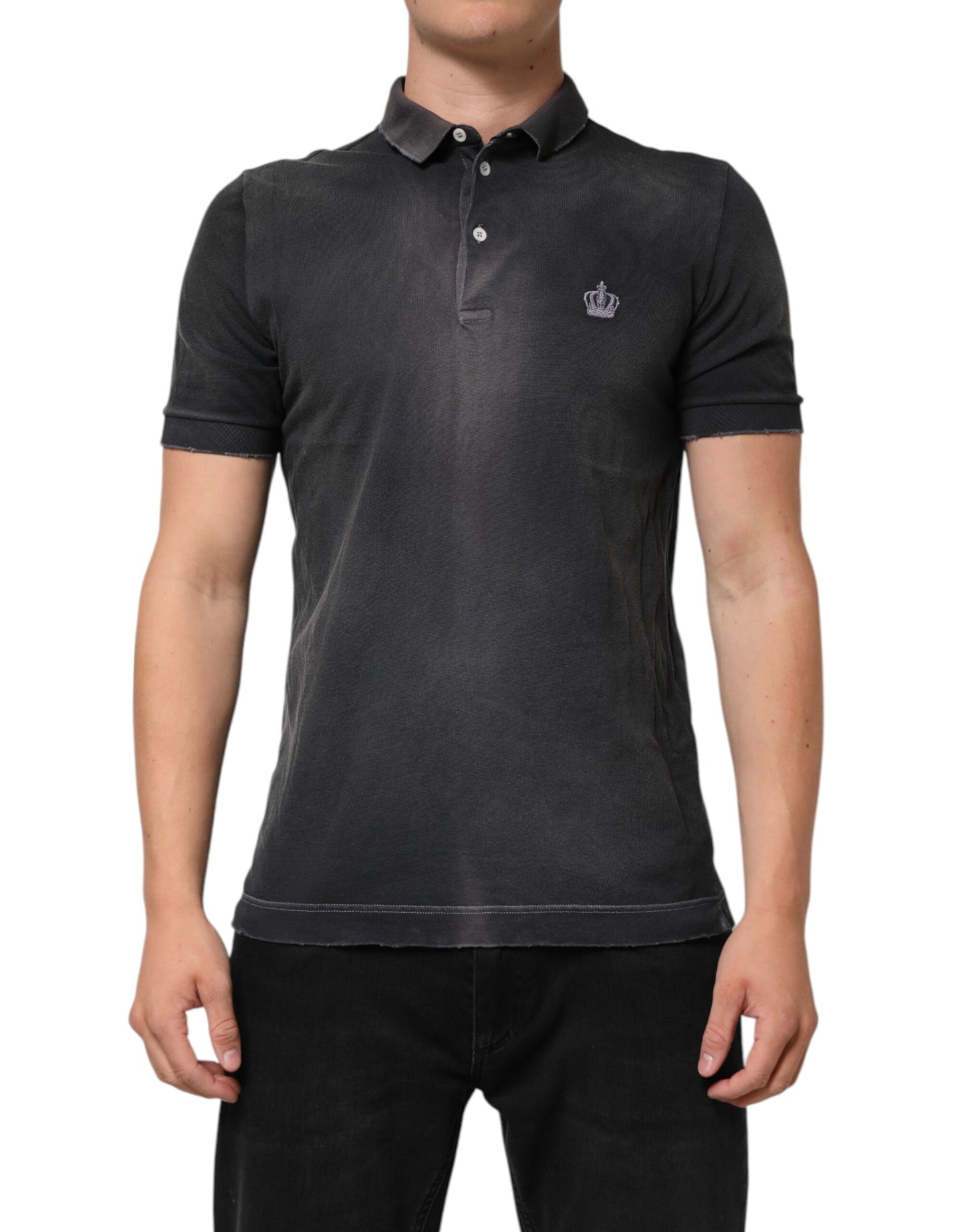 Dolce &amp; Gabbana graues Baumwoll-Poloshirt für Herren mit Kronenkragen