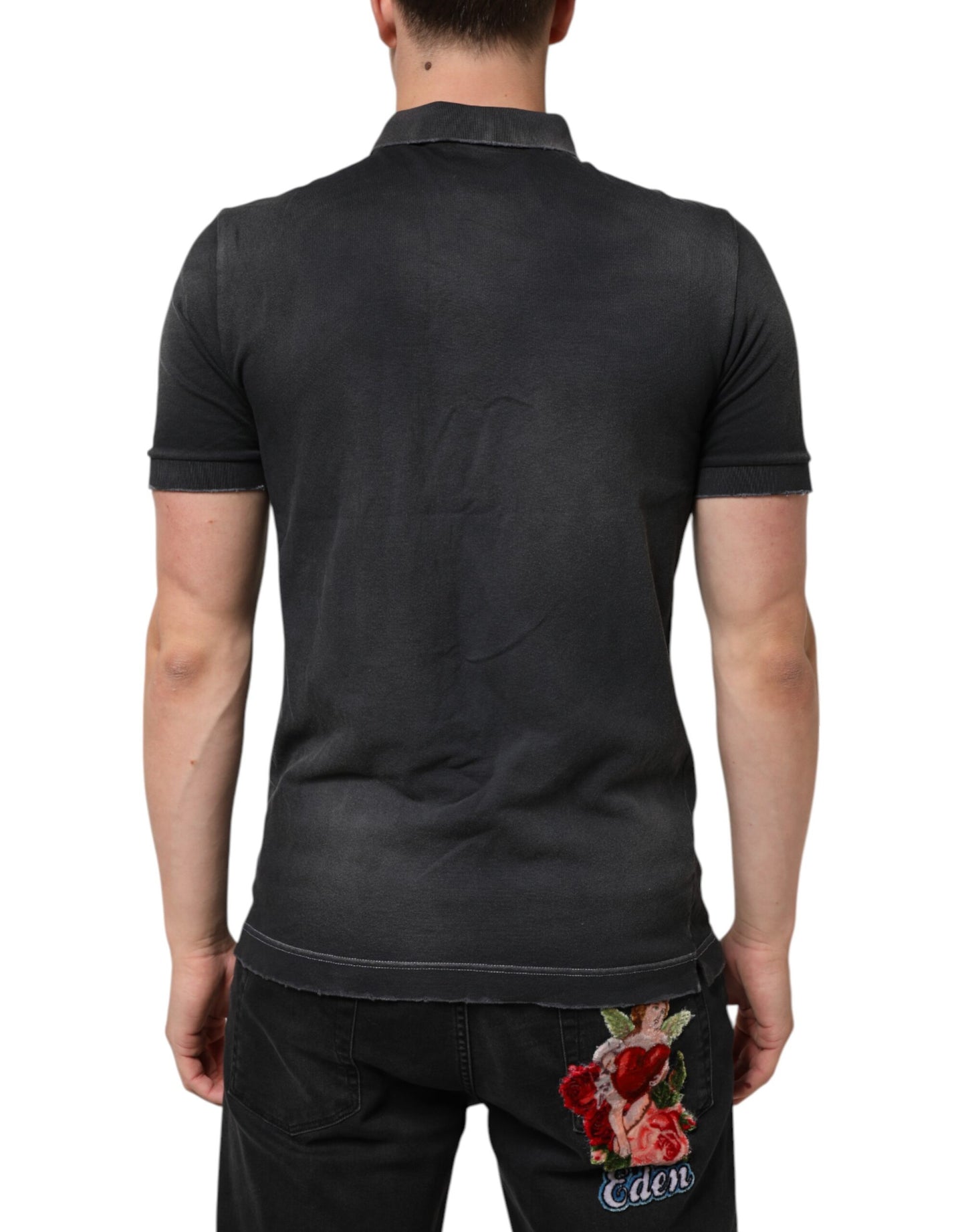 Dolce &amp; Gabbana graues Baumwoll-Poloshirt für Herren mit Kronenkragen