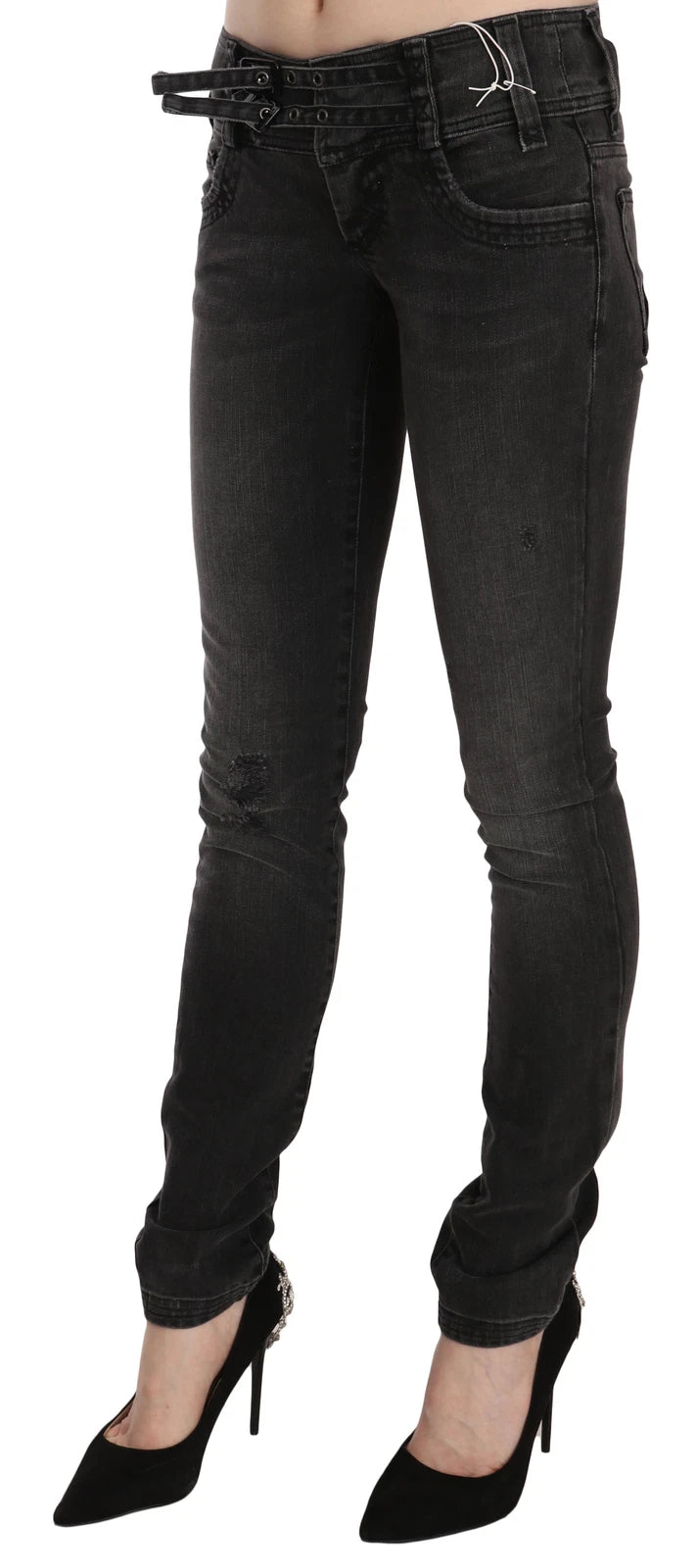 John Galliano Schwarze, gewaschene, figurbetonte Skinny-Jeans mit niedrigem Bund. 