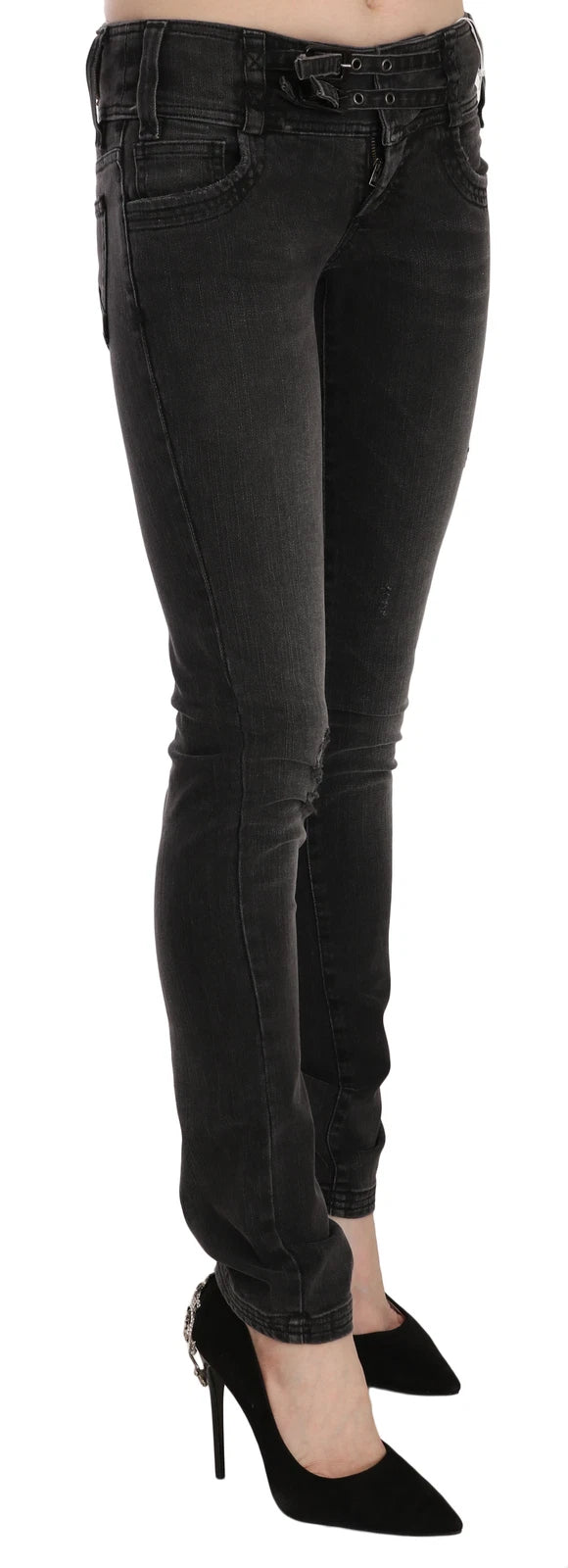 John Galliano Schwarze, gewaschene, figurbetonte Skinny-Jeans mit niedrigem Bund. 