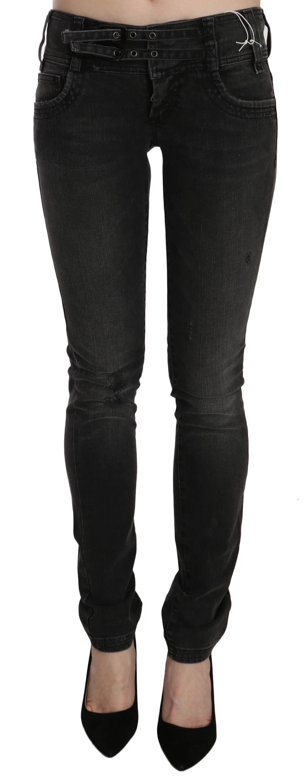 John Galliano Schwarze, gewaschene, figurbetonte Skinny-Jeans mit niedrigem Bund. 