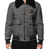 Dolce & Gabbana Gray Wool Herringbone Shearling Collar Bomber Jacket