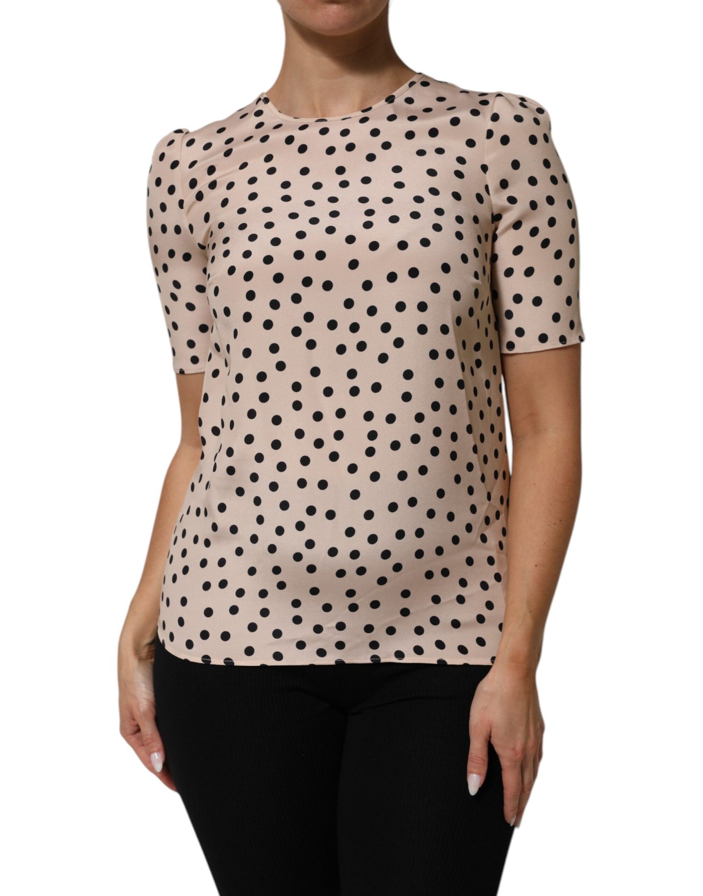 Dolce &amp; Gabbana Beige Schwarze Seidenbluse mit Polka-Dots und kurzen Ärmeln