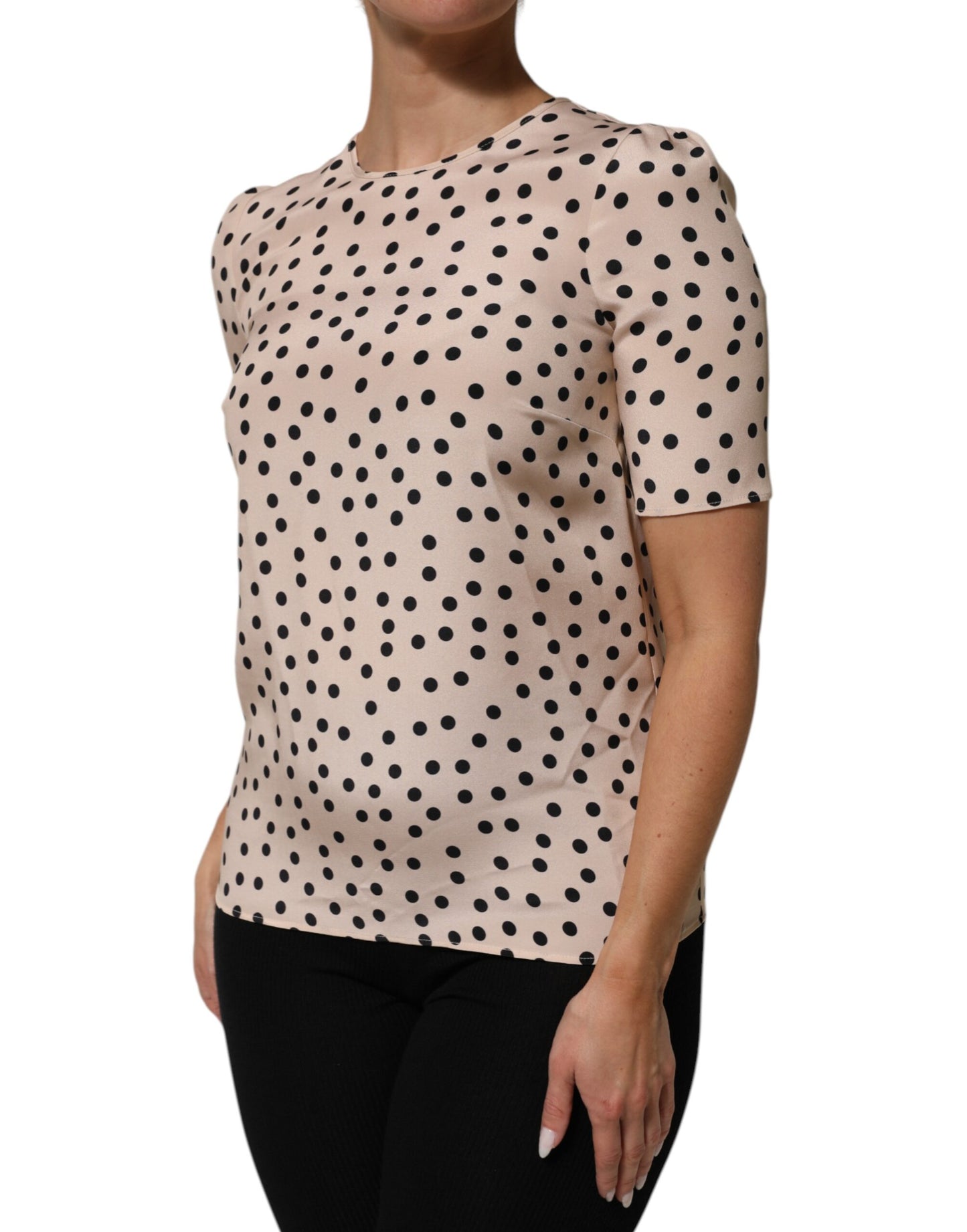 Dolce &amp; Gabbana Beige Schwarze Seidenbluse mit Polka-Dots und kurzen Ärmeln