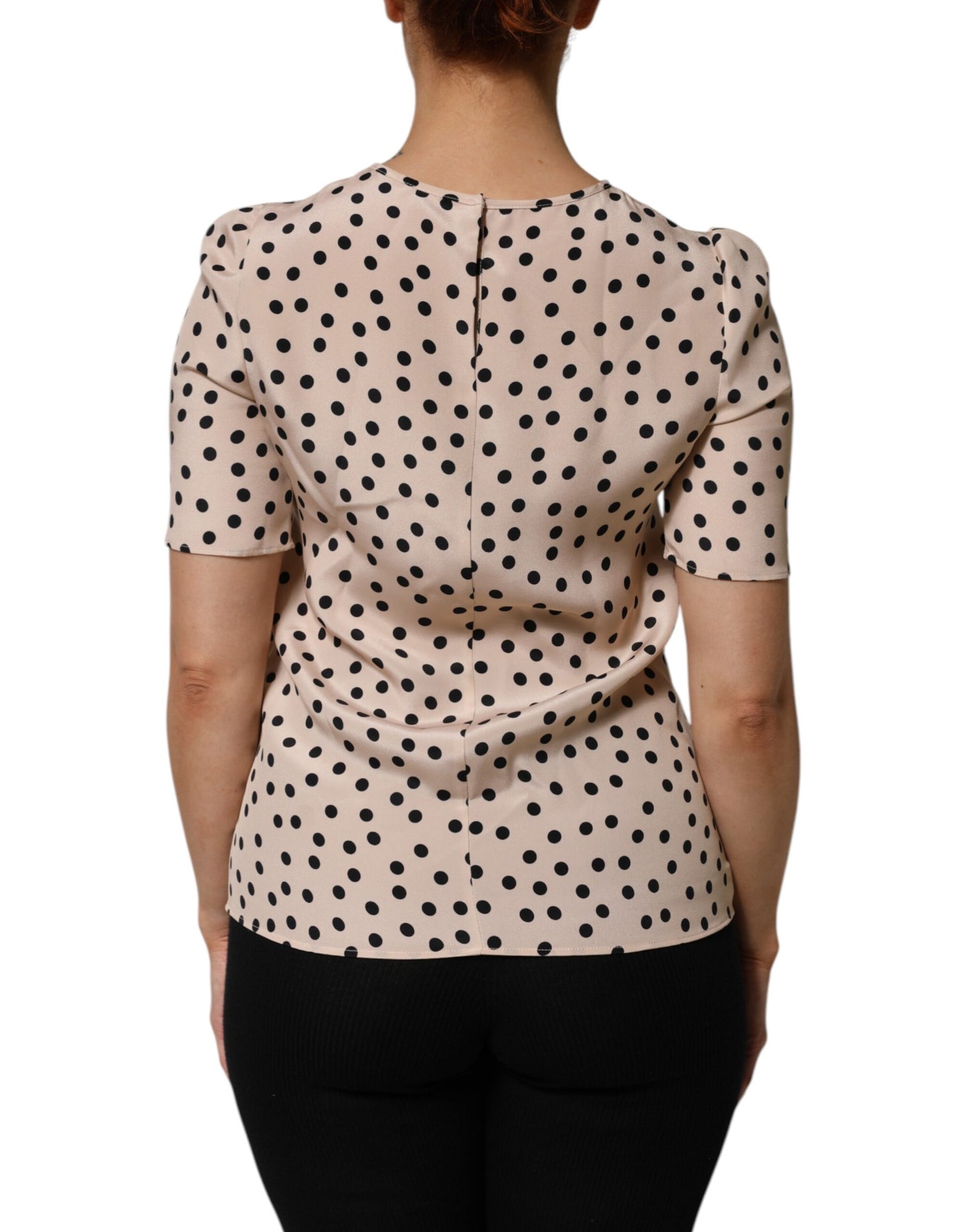 Dolce &amp; Gabbana Beige Schwarze Seidenbluse mit Polka-Dots und kurzen Ärmeln