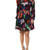 MSGM Dress Black Multicolor Floral Ruffle Long Sleeve Mini Dress