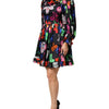 MSGM Dress Black Multicolor Floral Ruffle Long Sleeve Mini Dress
