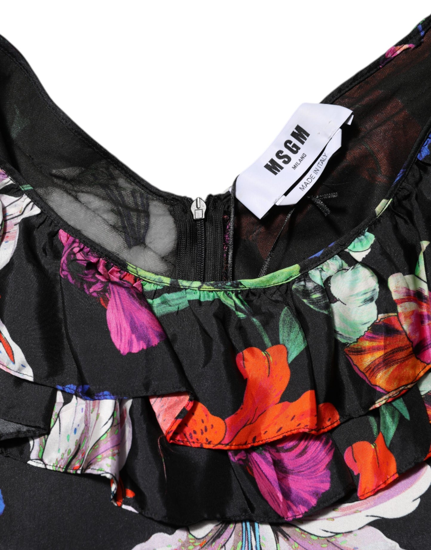 MSGM Dress Black Multicolor Floral Ruffle Long Sleeve Mini Dress
