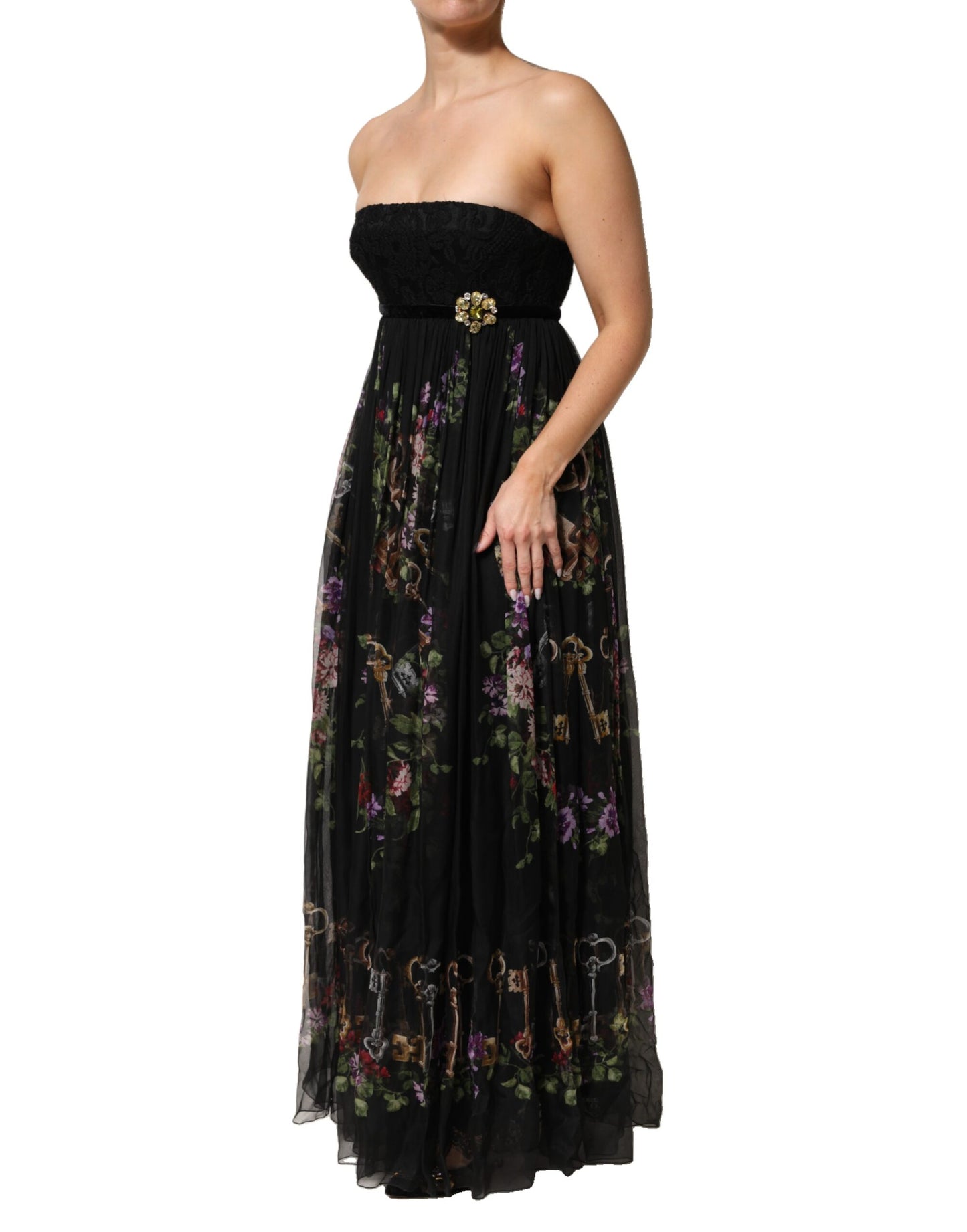 Dolce &amp; Gabbana Schwarzes trägerloses Kleid mit Blumenmuster und Kristallen