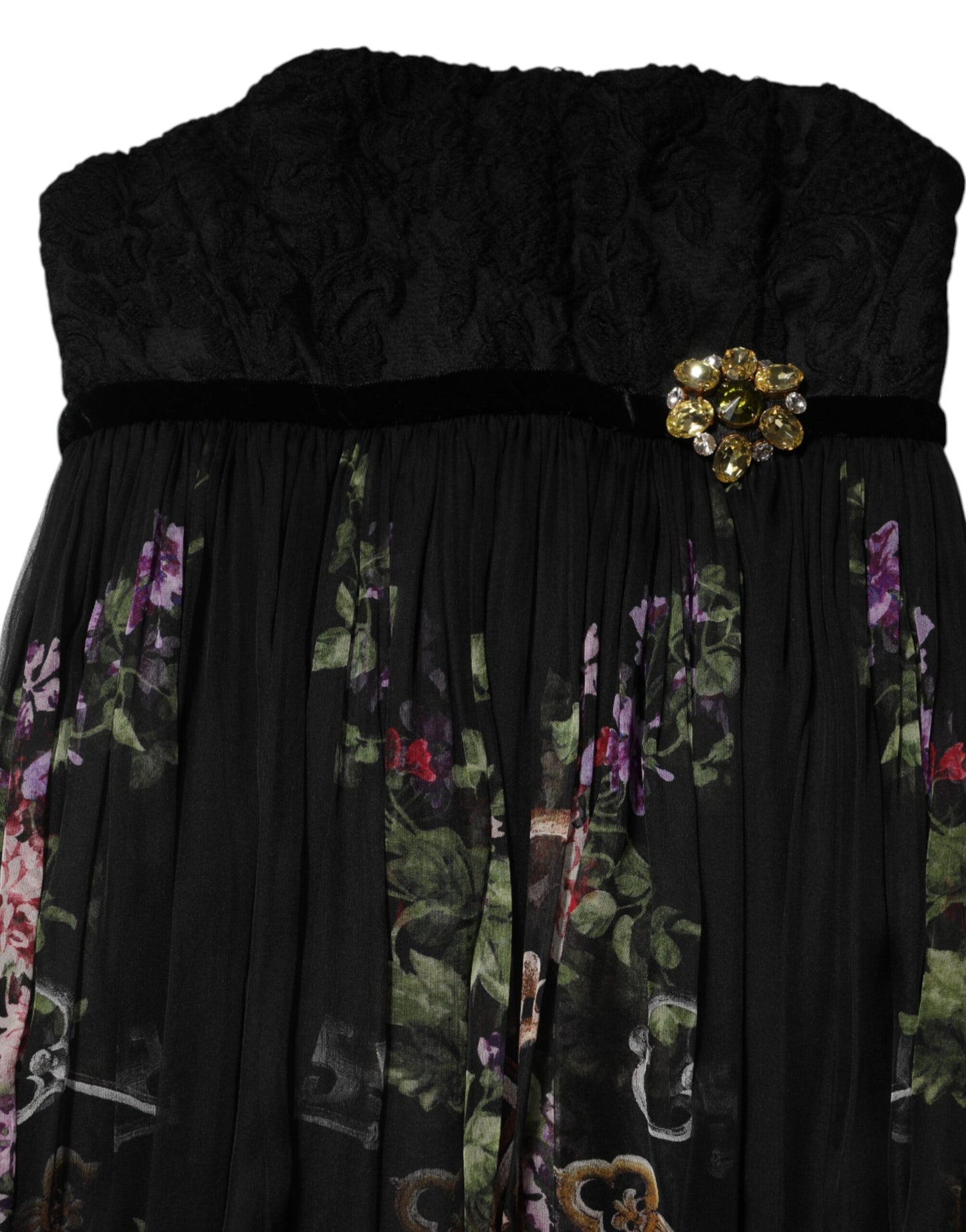 Dolce &amp; Gabbana Schwarzes trägerloses Kleid mit Blumenmuster und Kristallen