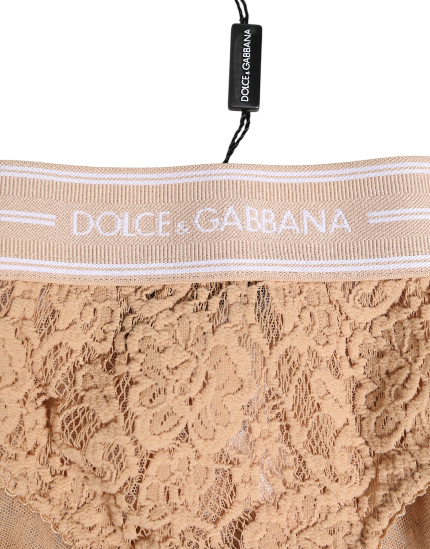 Dolce &amp; Gabbana Beige Lace Brasiliano Slips Logo Waistband Unterwäsche
