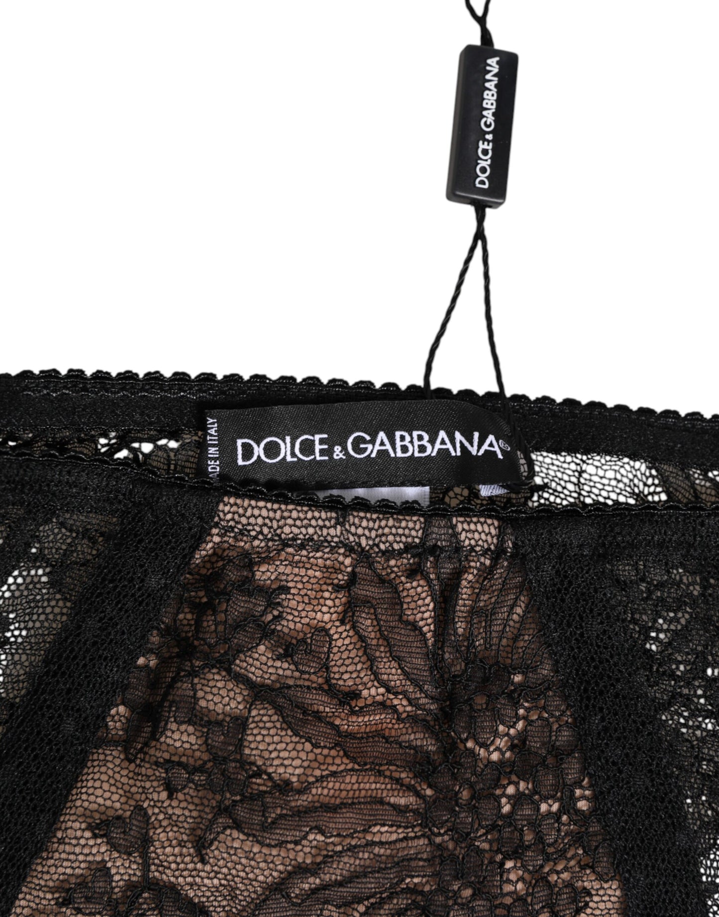 Dolce &amp; Gabbana Schwarze Unterwäsche aus transparentem Mesh mit hohem Bund und floraler Spitze