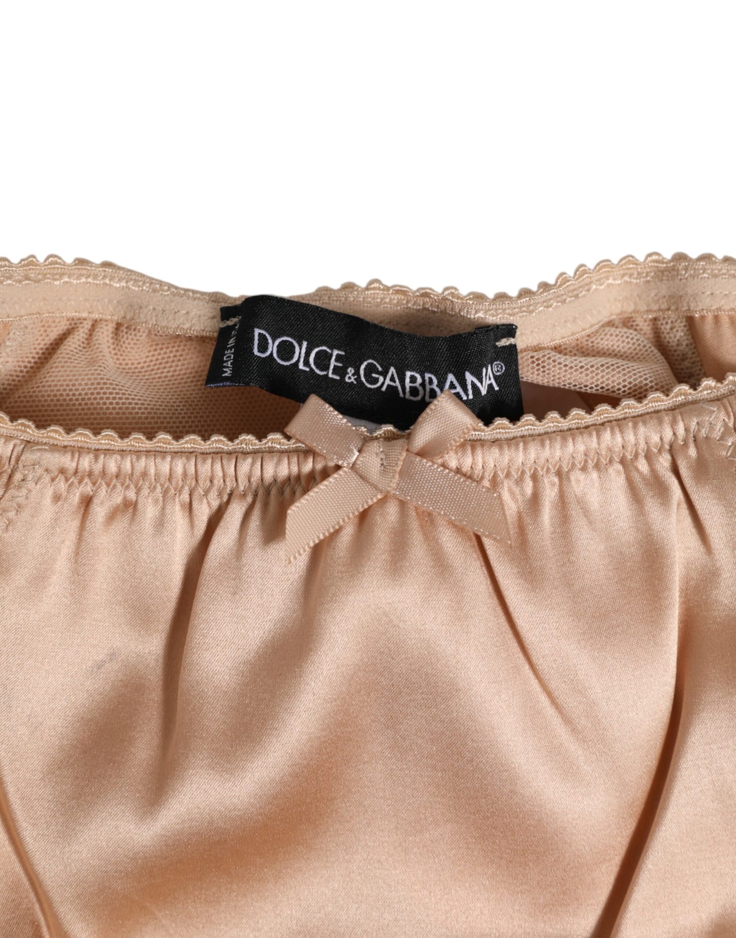 Dolce &amp; Gabbana Unterwäsche aus nudefarbenem, beigefarbenem Seidensatin mit Schleifen- und Spitzenbesatz