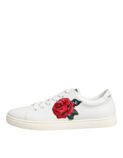 Dolce &amp; Gabbana Weiße Leder-Sneaker mit Rosenstickerei