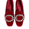 Dolce & Gabbana Red Velvet Crystal Buckle Loafers Flats Shoes