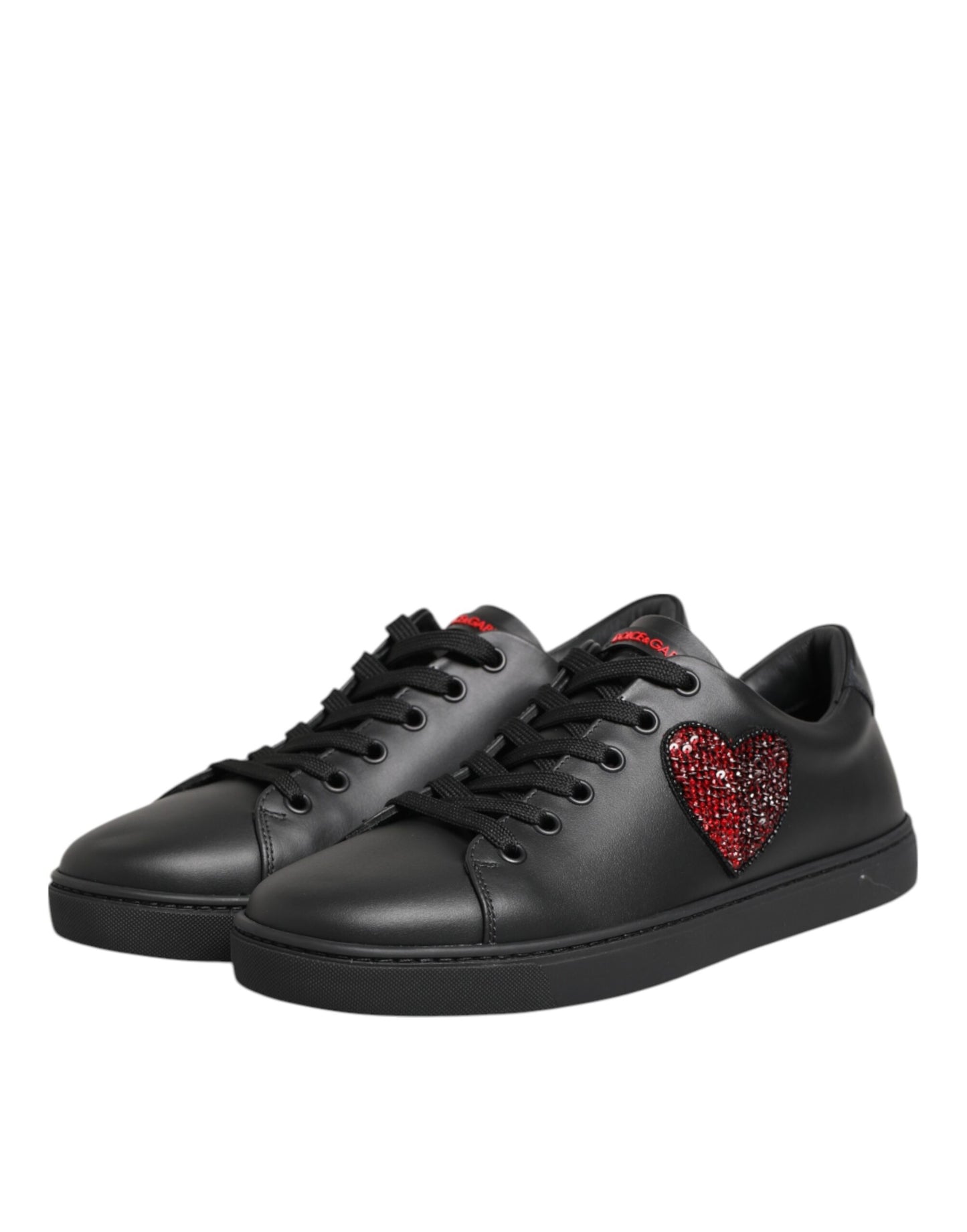 Dolce &amp; Gabbana Schwarze Leder-Sneaker mit Kristallherzen