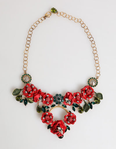 Dolce & Gabbana Red Rose Floral Crystal Embellished Statement Jewelry Necklace