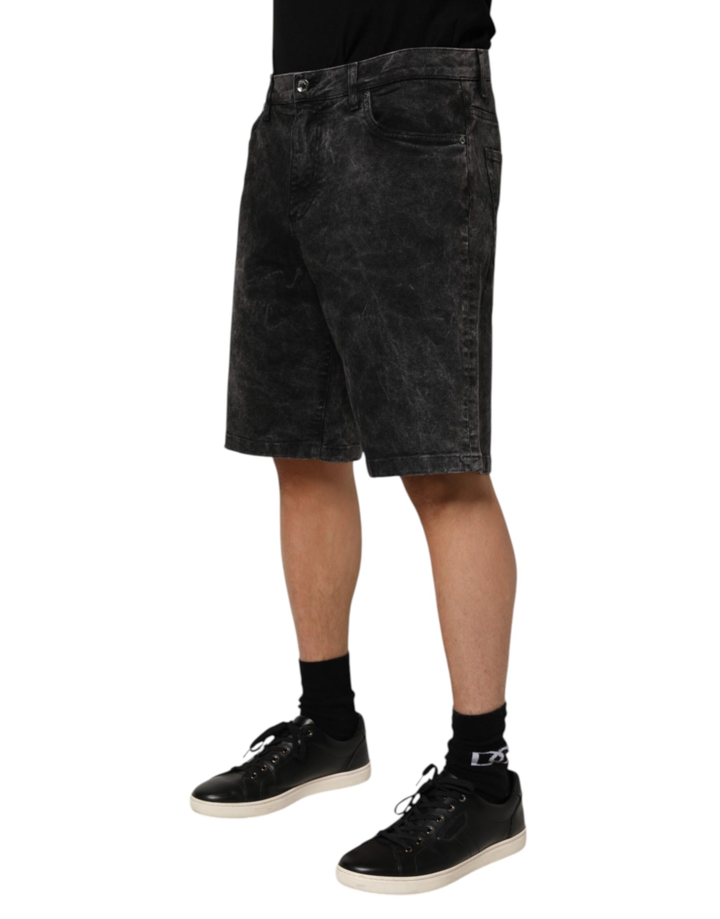 Dolce &amp; Gabbana Schwarze Baumwoll-Denim-Bermudashorts für Herren mit mittelhohem Bund