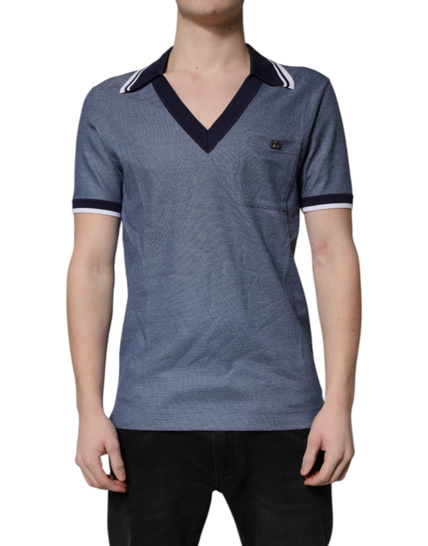 Dolce &amp; Gabbana Polo-Shirt aus Seidenmischung mit blauem Kragen und V-Ausschnitt