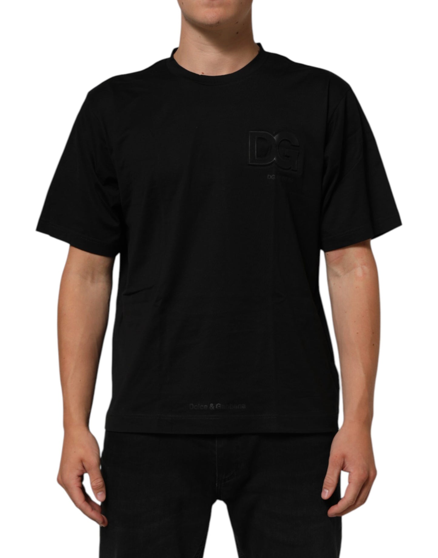 Dolce &amp; Gabbana Herren-T-Shirt mit schwarzem Logo-Patch aus Baumwolle und Rundhalsausschnitt