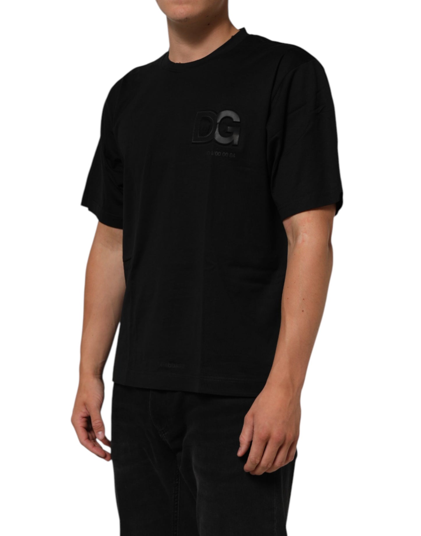 Dolce &amp; Gabbana Herren-T-Shirt mit schwarzem Logo-Patch aus Baumwolle und Rundhalsausschnitt