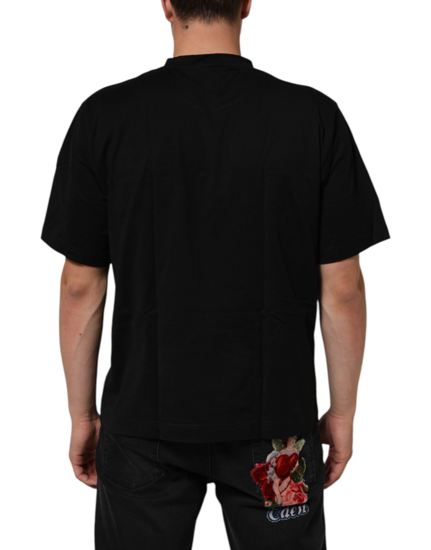 Dolce &amp; Gabbana Herren-T-Shirt mit schwarzem Logo-Patch aus Baumwolle und Rundhalsausschnitt