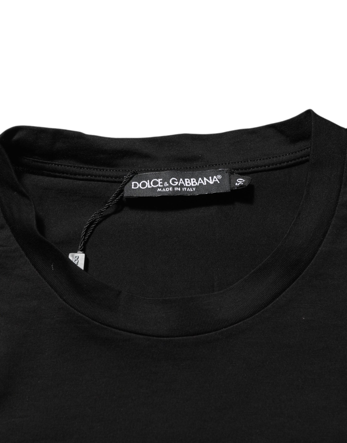 Dolce &amp; Gabbana Herren-T-Shirt mit schwarzem Logo-Patch aus Baumwolle und Rundhalsausschnitt