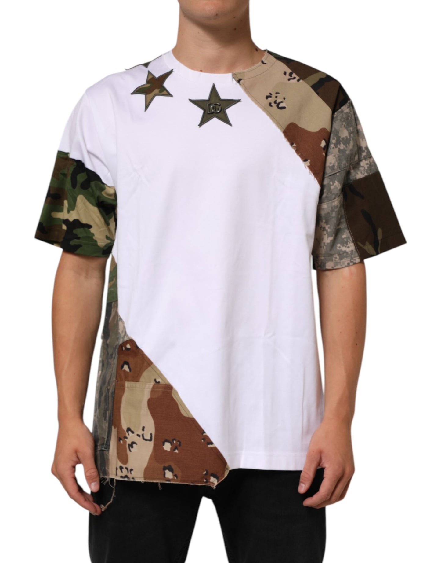 Dolce &amp; Gabbana Weißes Camouflage-Patchwork-Herren-Baumwoll-T-Shirt
