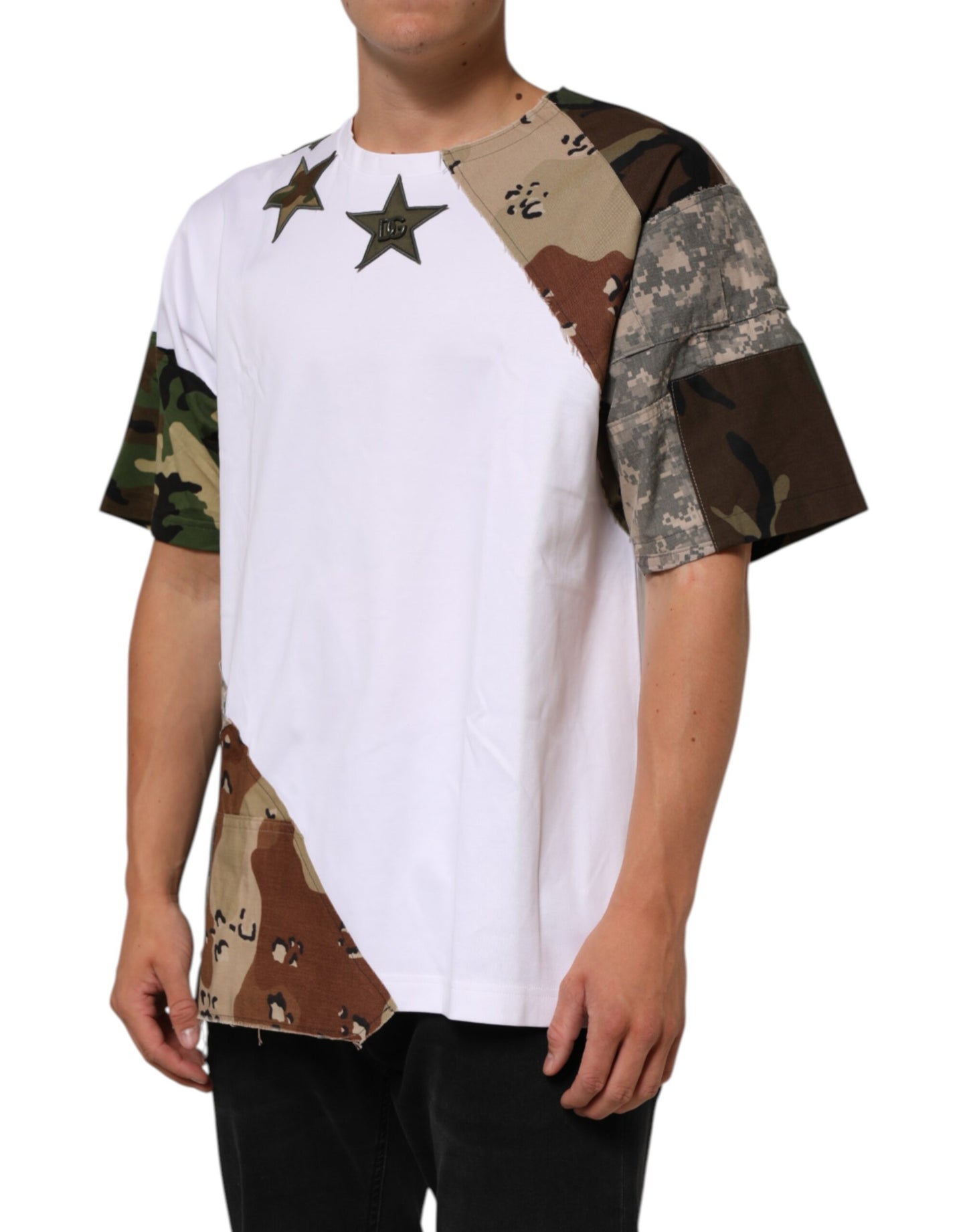 Dolce &amp; Gabbana Weißes Camouflage-Patchwork-Herren-Baumwoll-T-Shirt